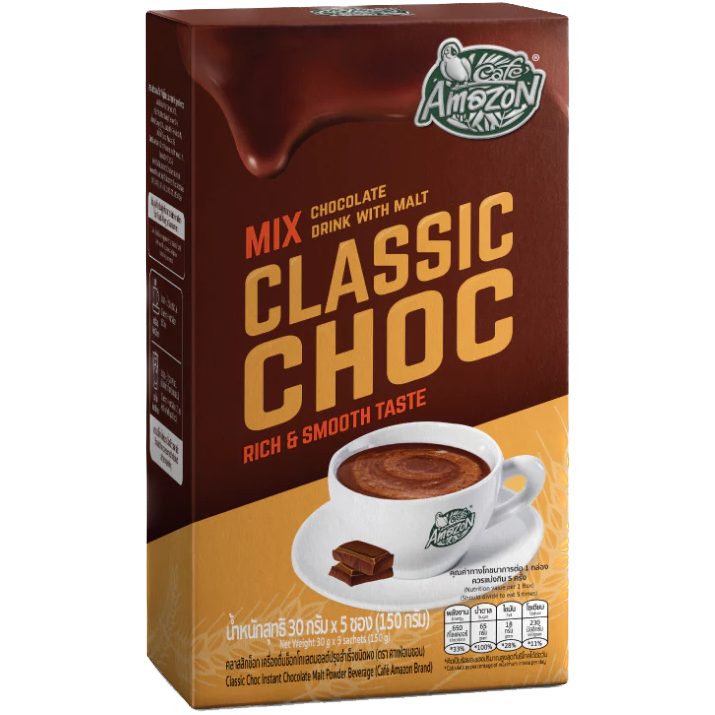 Amazon Classic Choc Rich & Smooth Taste drink in a glass, showcasing its creamy chocolate appearance and inviting texture.