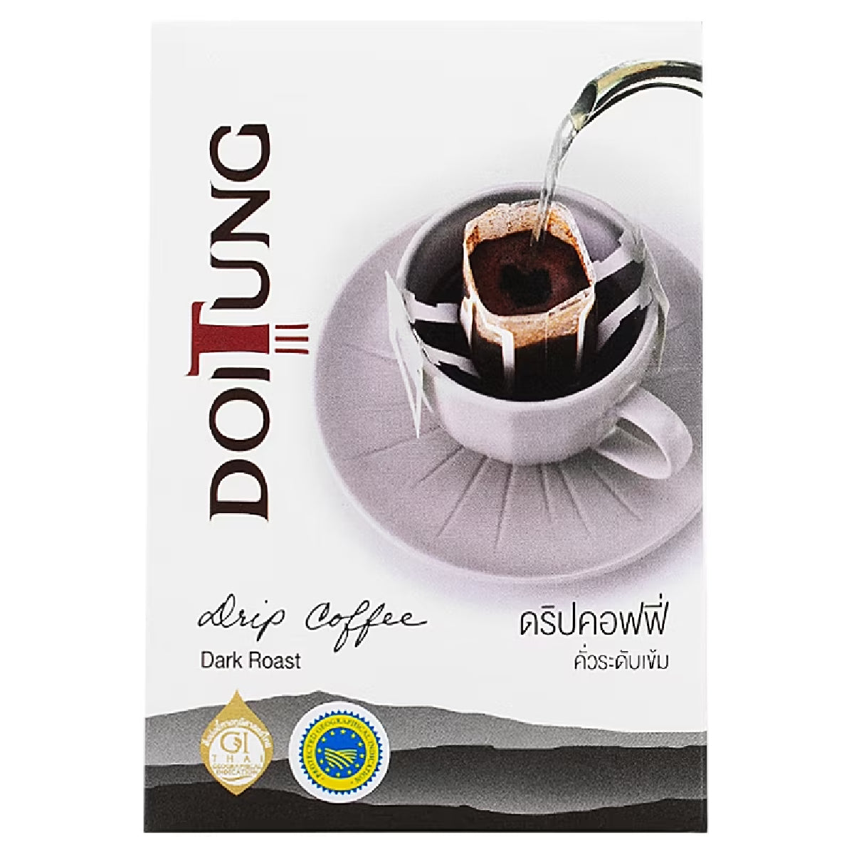 Doi Tung Drip Dark Coffee drink in a glass with a dark, rich appearance and a coffee bean beside it.