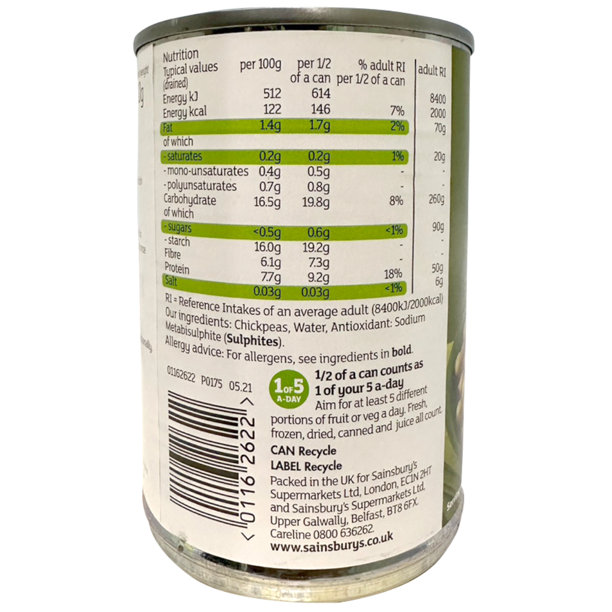 Cans of Sainsbury's chickpeas in water, grocery staple, with beige labels and transparent lids showing chickpeas inside.