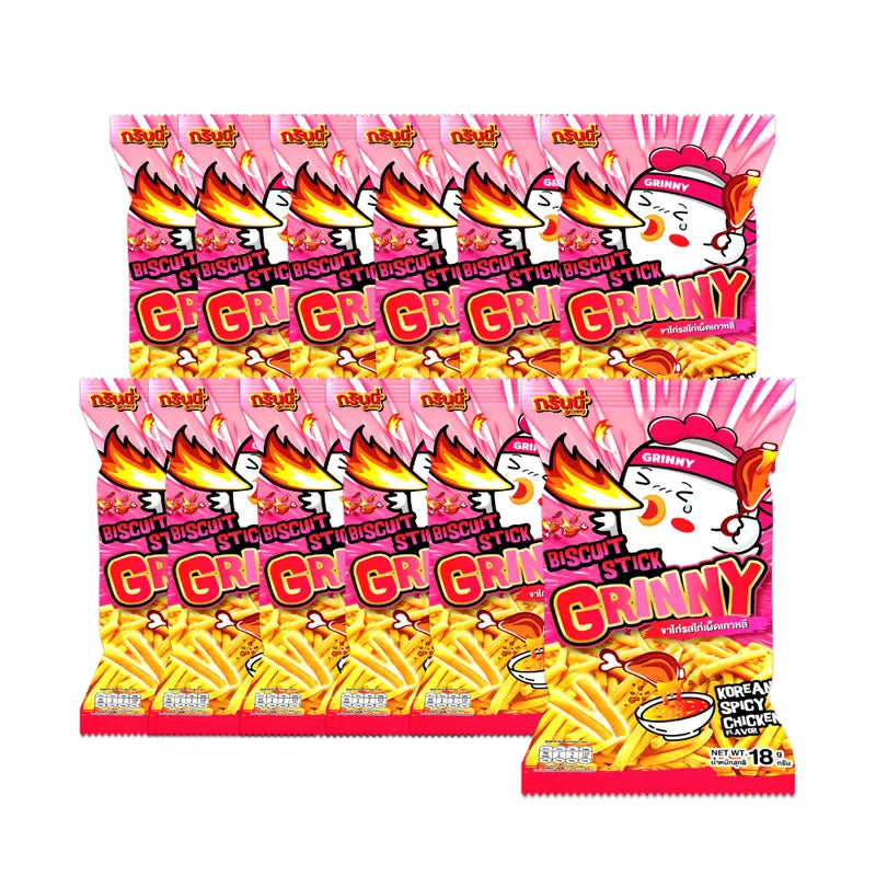 Grinny Biscuit Stick Korean Spicy Chicken flavor snack, dry grocery spicy chicken-flavored biscuit stick in 18g package.