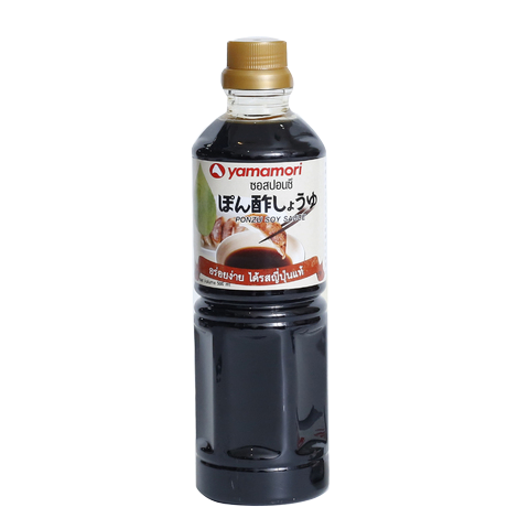 Bottle of Yamamori Ponzu Shoyu soy sauce for cooking and dipping, with a clear label on a kitchen countertop.