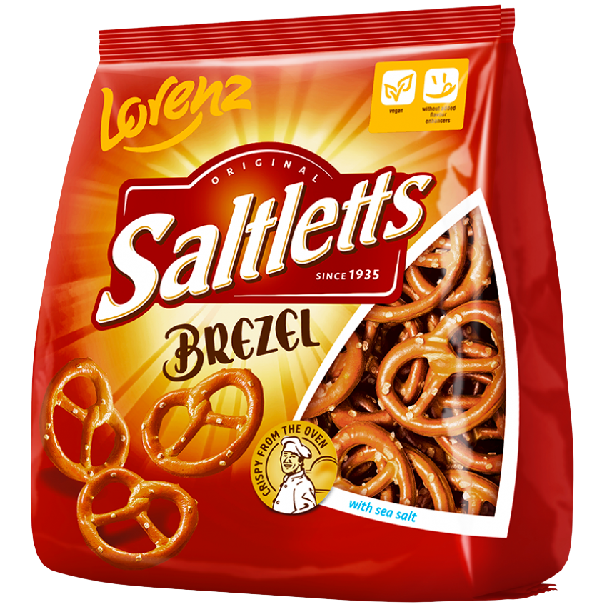Lorenz Saltletts Mini Brezel, crispy pretzel snacks from Lorenz, with a golden-brown appearance and salt crystals on surface.