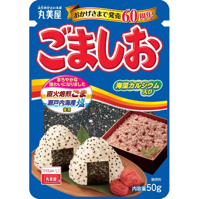 Marumiya Gomashio Furikake snack in a package, featuring sesame seed and salt seasoning for added flavor.