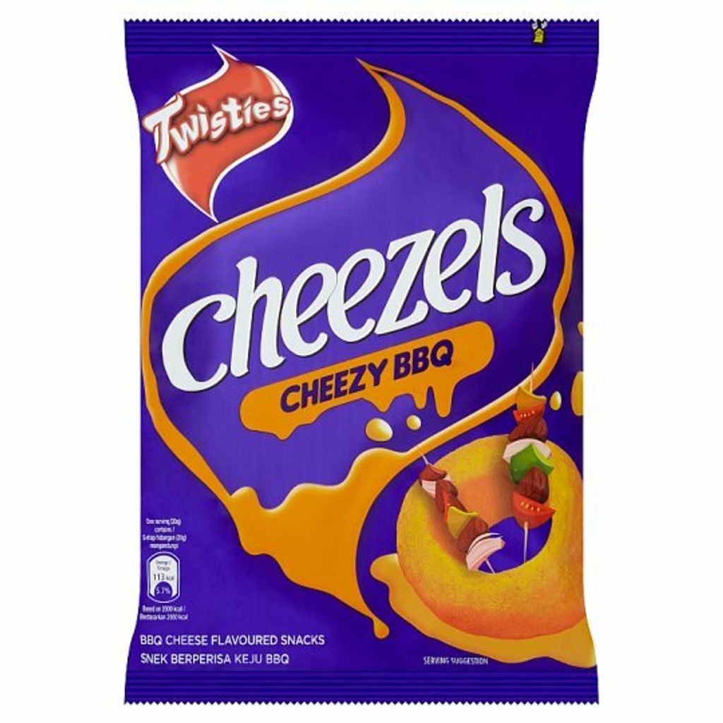 Cheezels BBQ Cheese Snacks in a bright orange bag, showing a close-up of crunchy, cheesy snack pieces.
