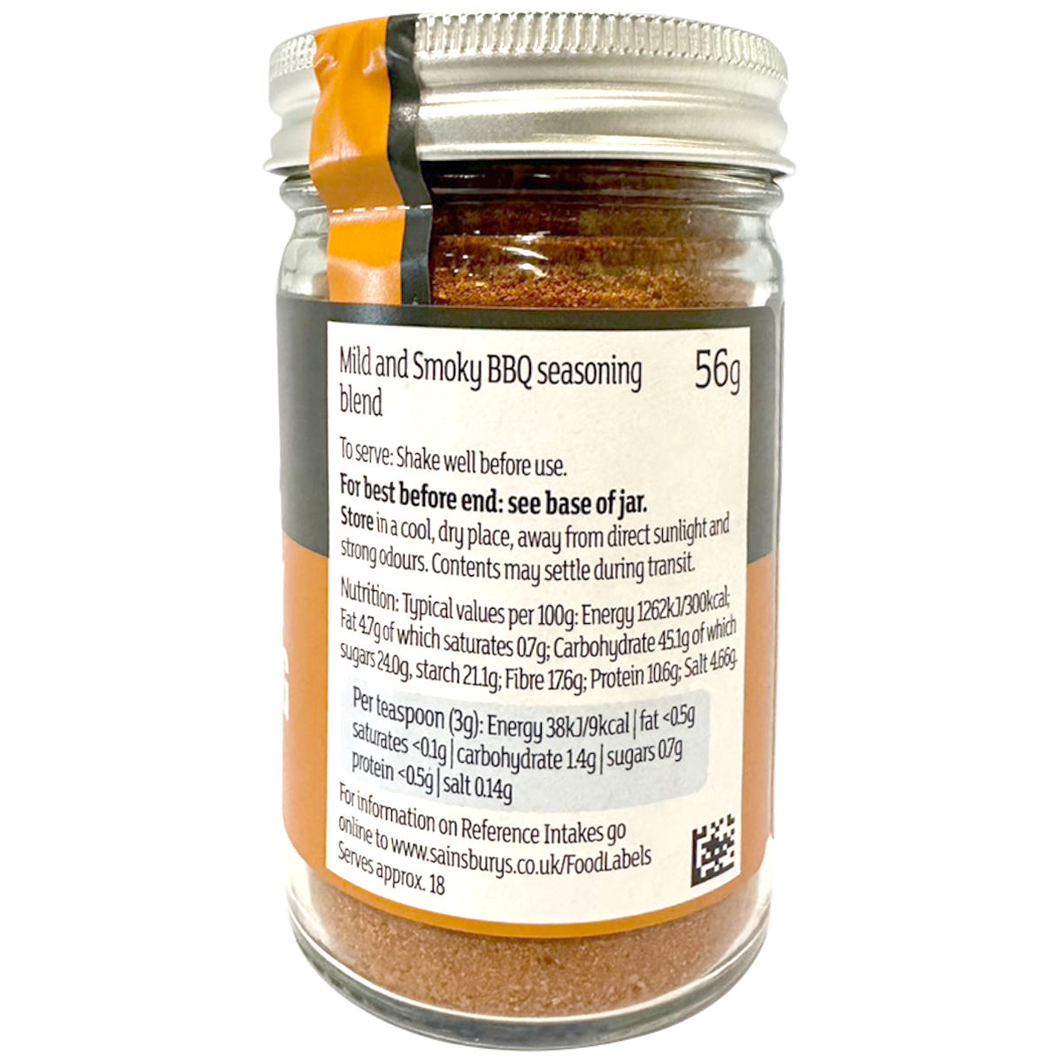 Sainsbury's Itc Mild & Smoky BBQ Seasoning container with label showing seasoning details and branding.