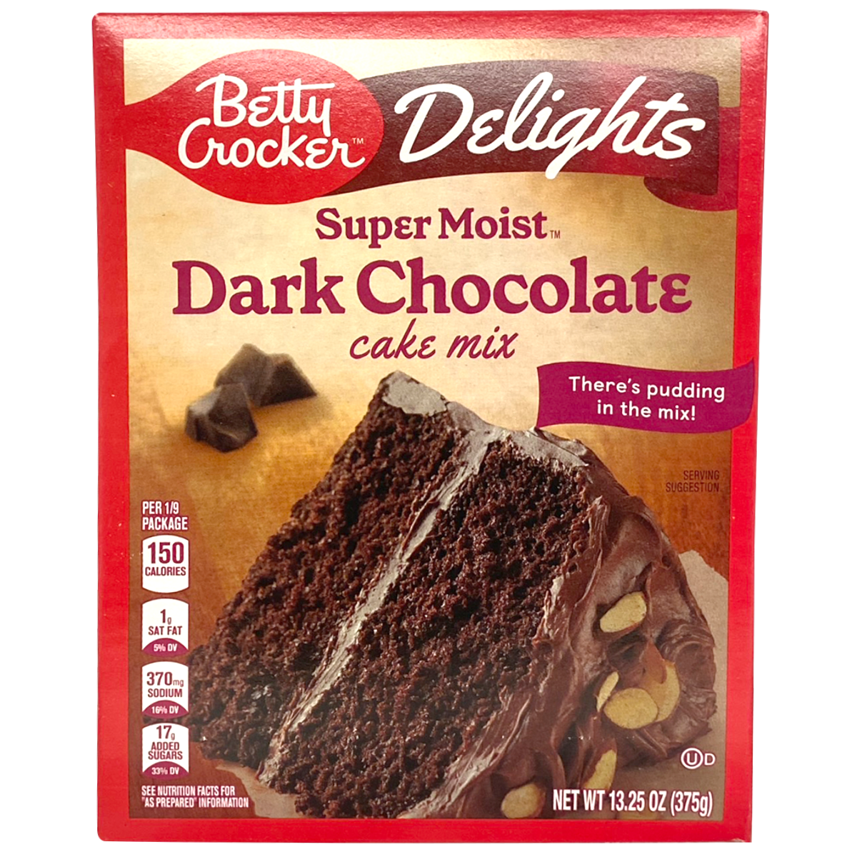 Betty Crocker Super Moist Dark Chocolate Cake Mix in a box, ready for baking a rich, chocolatey dessert.