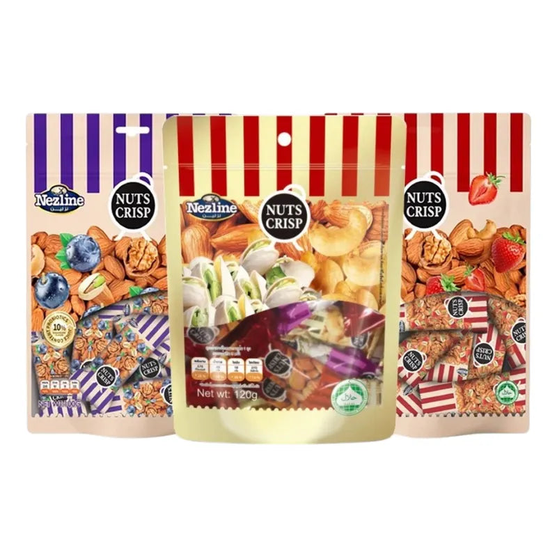 Nezline Nuts Crisps snack pack featuring crunchy nut-filled confectionery in a colorful package.