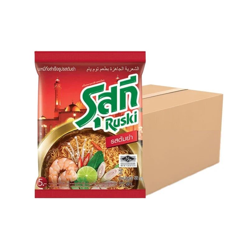Ruski Tom Yum flavor noodle packets, dry grocery product with vibrant packaging, showcasing the popular Thai-inspired instant noodles.