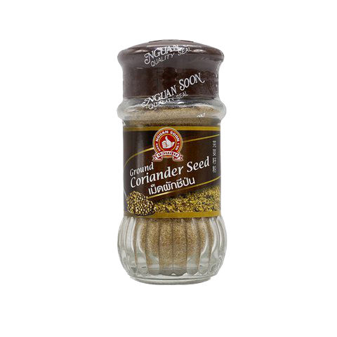 Nguan Soon coriander seed powder in a clear container, showcasing the finely ground spice for cooking and seasoning.