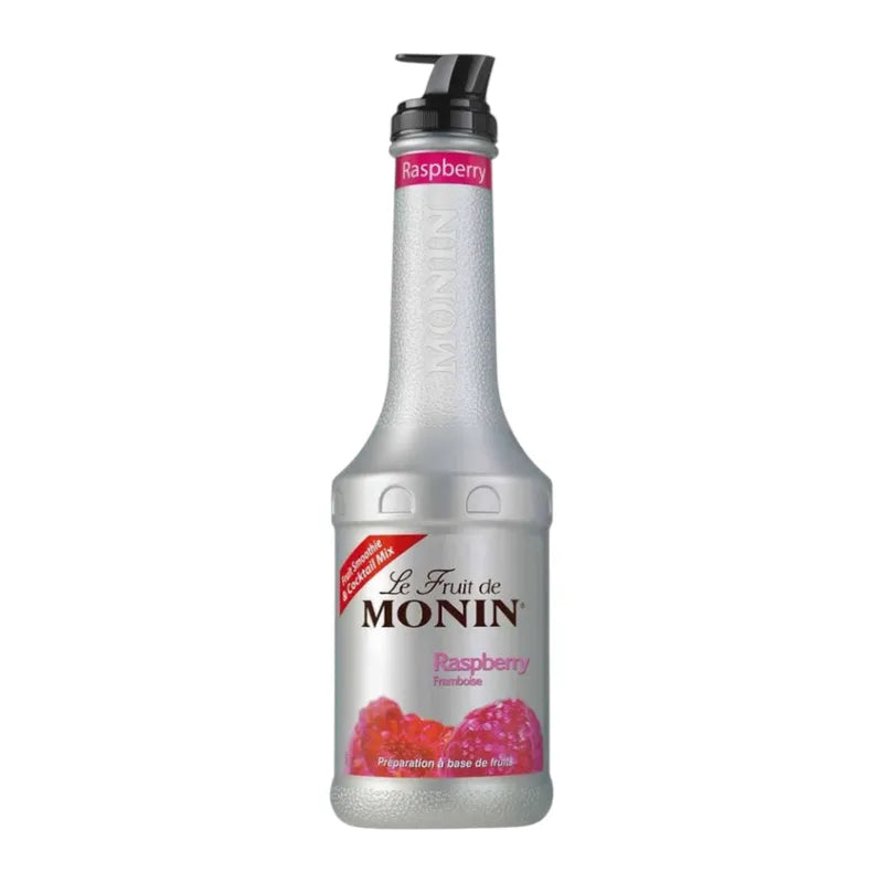 Bottle of MONIN Raspberry Fruit Mix, 1000ml, a dry grocery syrup for flavoring beverages and desserts.