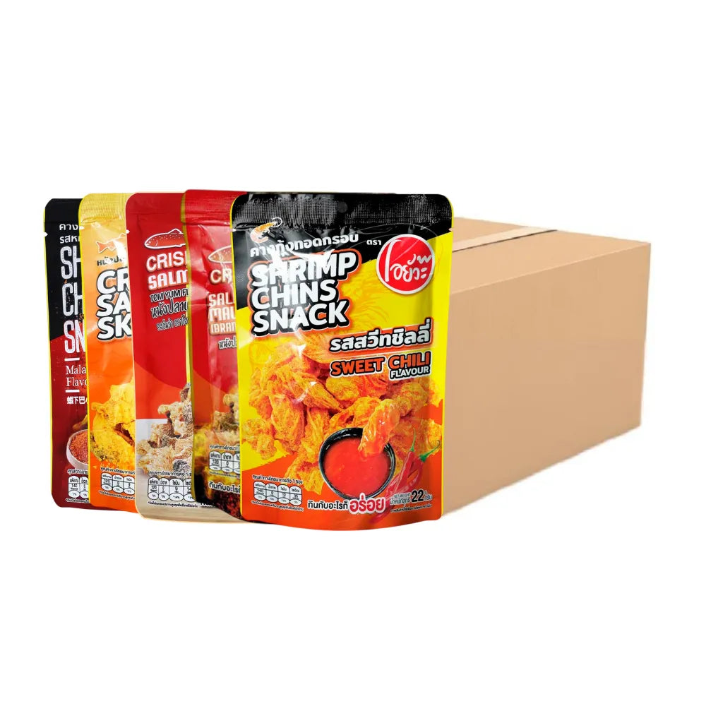 O-YUA crispy fried shrimp chin and fish skin assorted flavors snack with crunchy texture and savory flavor in a colorful package.