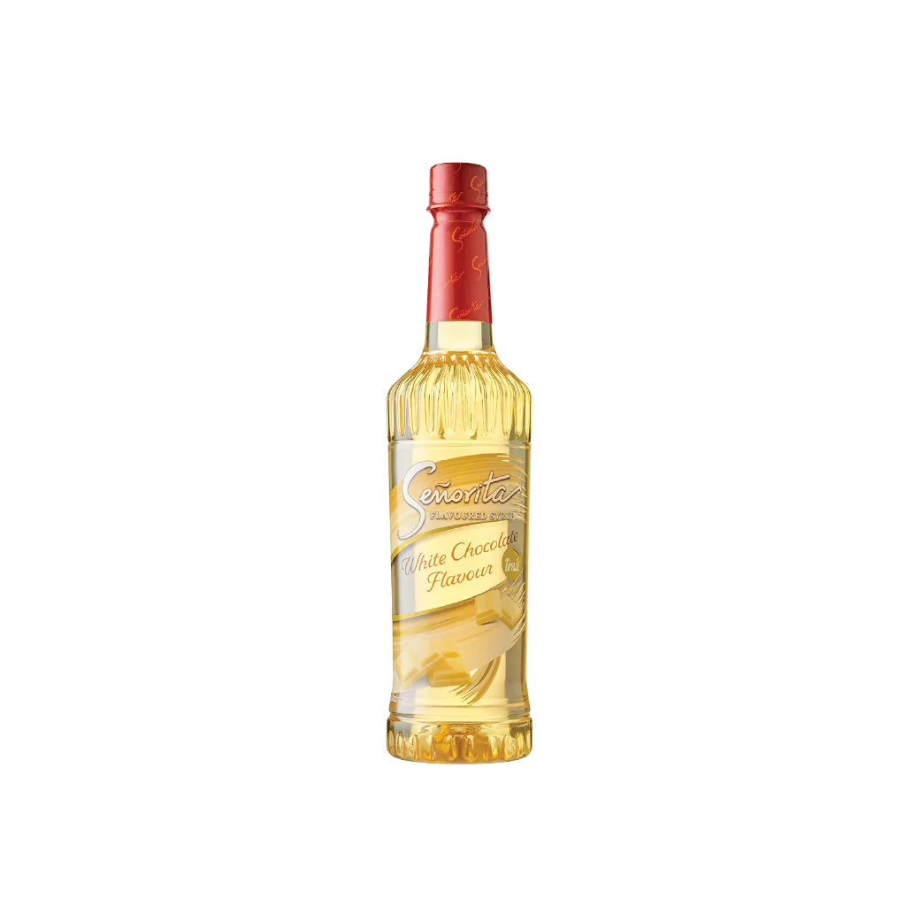 Senorita White Chocolate Flavored Syrup bottle, 750ml, in clear container with white cap for dessert and beverage flavoring.