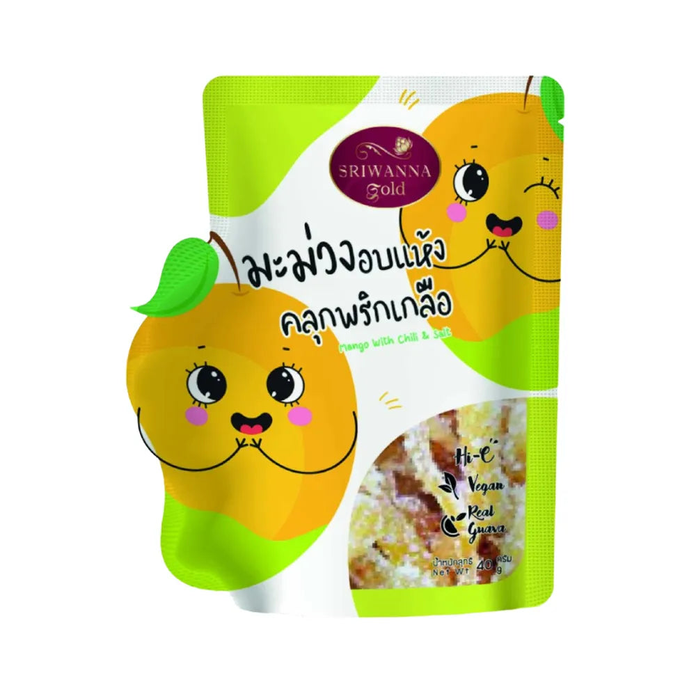 Sriwanna Gold dried mango with chili and salt, 40g, in a clear package showing vibrant dried mango slices with chili flakes.