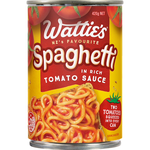 Wattie's spaghetti in tomato sauce, a jar of cooked pasta with rich tomato sauce, on a grocery store shelf.