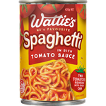 Wattie's spaghetti in tomato sauce, a jar of cooked pasta with rich tomato sauce, on a grocery store shelf.