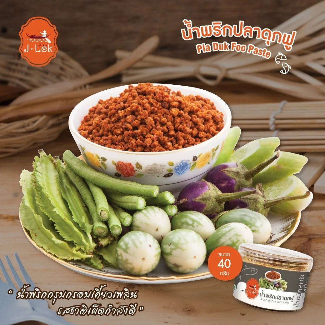 J-LEK Jae Lek Fluffy Catfish Chili Paste in 40g plastic jar, dry grocery product with bright red chili paste visible inside.