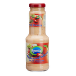 Remia Salad Thousand Island dressing in a bottle, creamy texture with a rich, tangy flavor, ideal for salads and sandwiches.