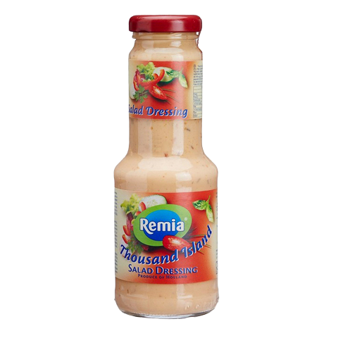 Remia Salad Thousand Island dressing in a bottle, creamy texture with a rich, tangy flavor, ideal for salads and sandwiches.