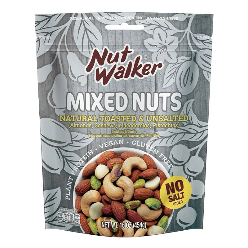 NUT WALKER Mixed Natural Toasted Unsalted nuts in 454g package, dry grocery snack featuring a variety of toasted nuts.