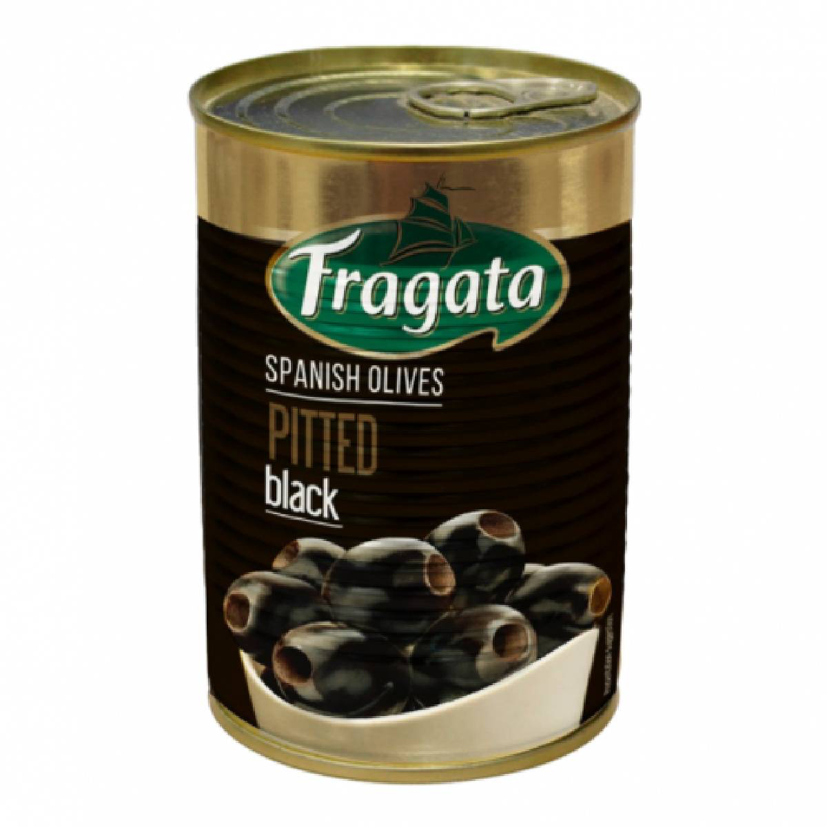 Fragata pitted black Spanish olives in a bowl, showcasing glossy, ripe olives ready for eating or cooking.