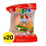 YUPI Yupi Jelly Mini Burger snacks, 7g each, display of colorful mini burger-shaped fruit-flavored gummy candies in a package