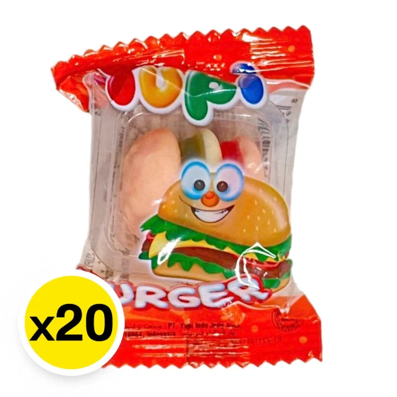 YUPI Yupi Jelly Mini Burger snacks, 7g each, display of colorful mini burger-shaped fruit-flavored gummy candies in a package