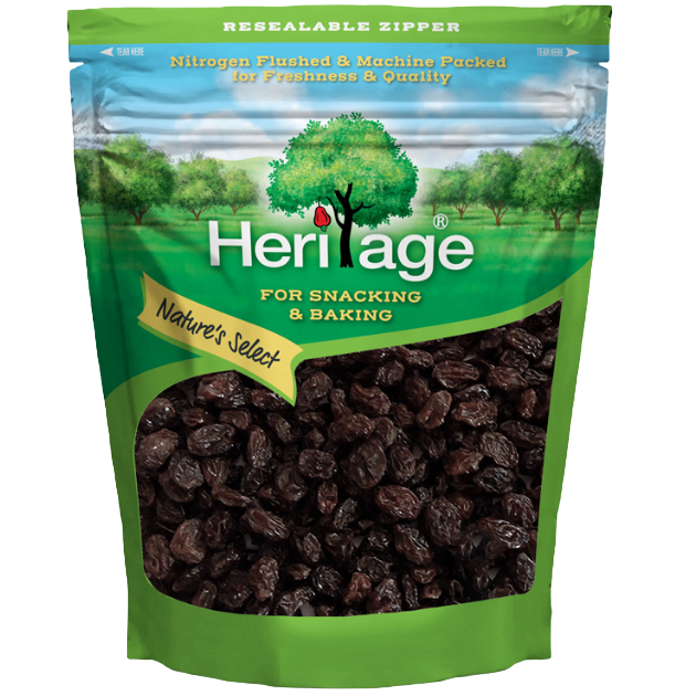 Heritage Jumbo Seedless Raisin in a clear bowl, close-up of plump, juicy raisins for healthy snack or baking use.