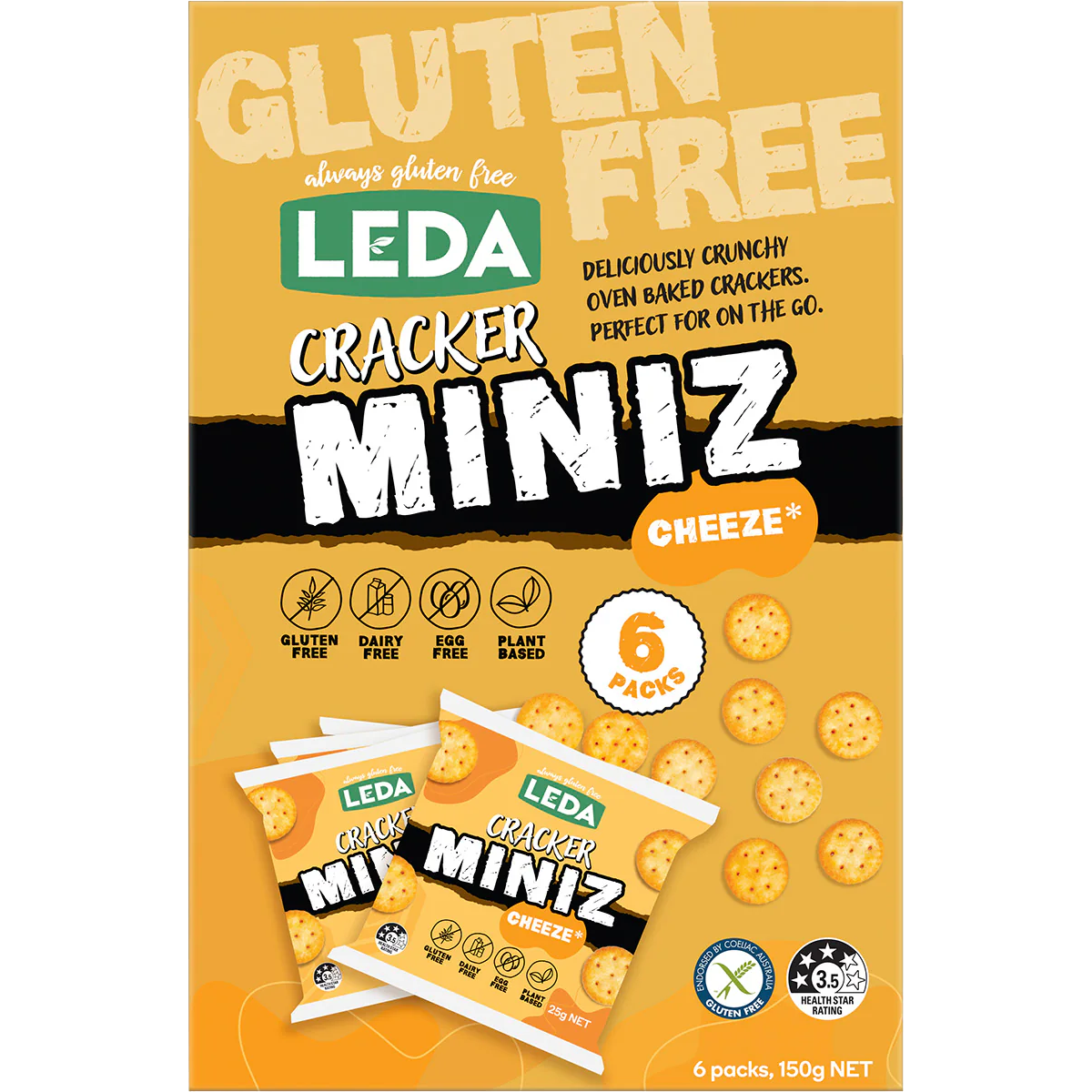 Leda Cracker Miniz Cheeze confectionery snacks showing crispy crackers with cheese flavor in a colorful package.