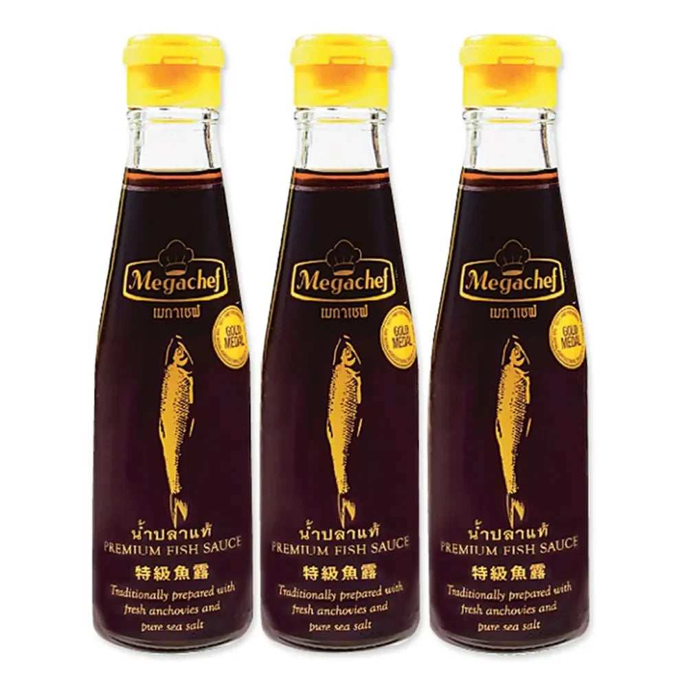 Three bottles of MEGACHEF Fish Sauce 200ml each, in clear glass bottles with black caps, set against a neutral background.