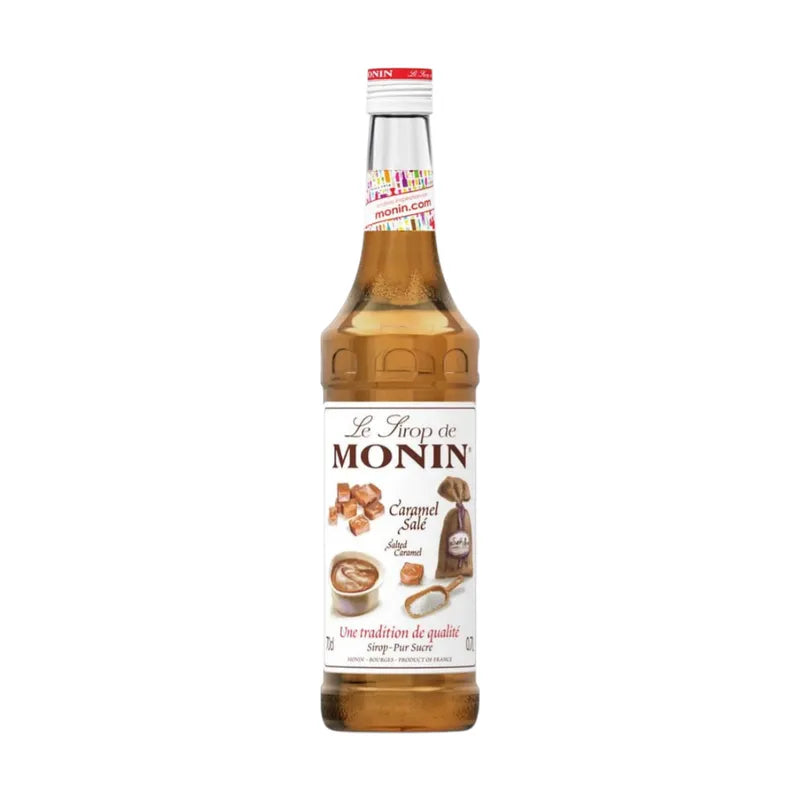 Bottle of Monin Salted Caramel Syrup in 700ml size, featuring a clear label with caramel flavor for coffee and dessert toppings.