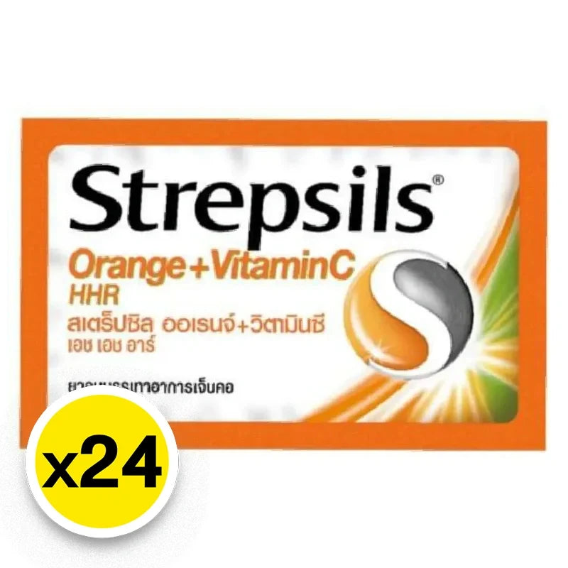 Strepsils Orange Vitamin C throat lozenges in orange packaging, part of dry grocery snacks and confectionery by STREPSILS.
