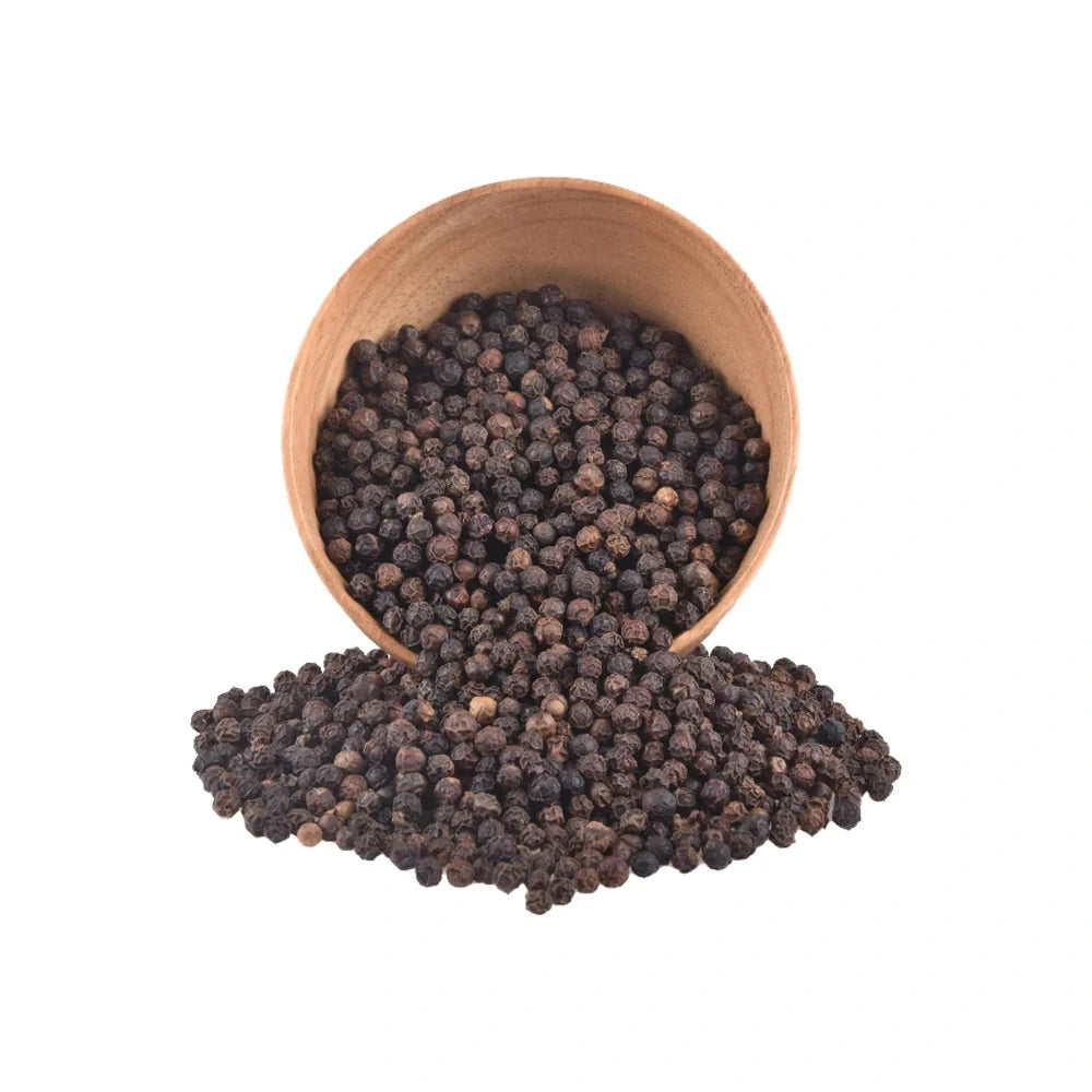 ARO Black Pepper 500g jar, showing fresh black peppercorns in a clear container, ideal for cooking and seasoning.