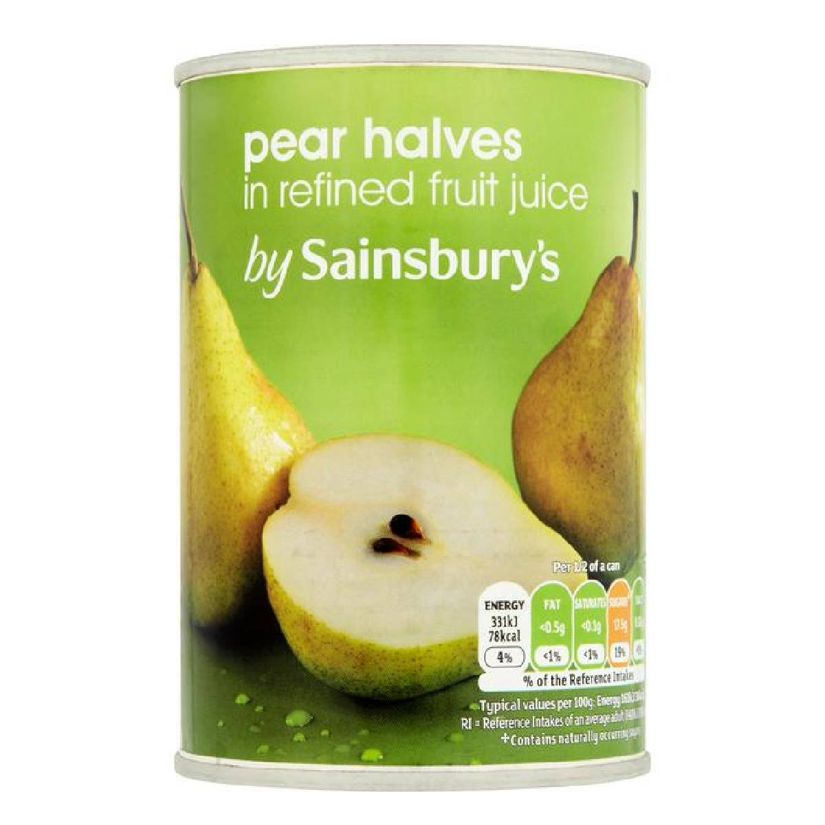 Sainsbury's pear halves in fruit juice, canned grocery product, showing pear halves in clear liquid inside a can