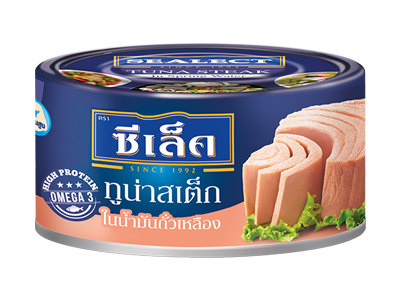 Canned Sealect Tuna Steak in soybean oil, ready to serve, with the label showing the Sealect brand and product details.