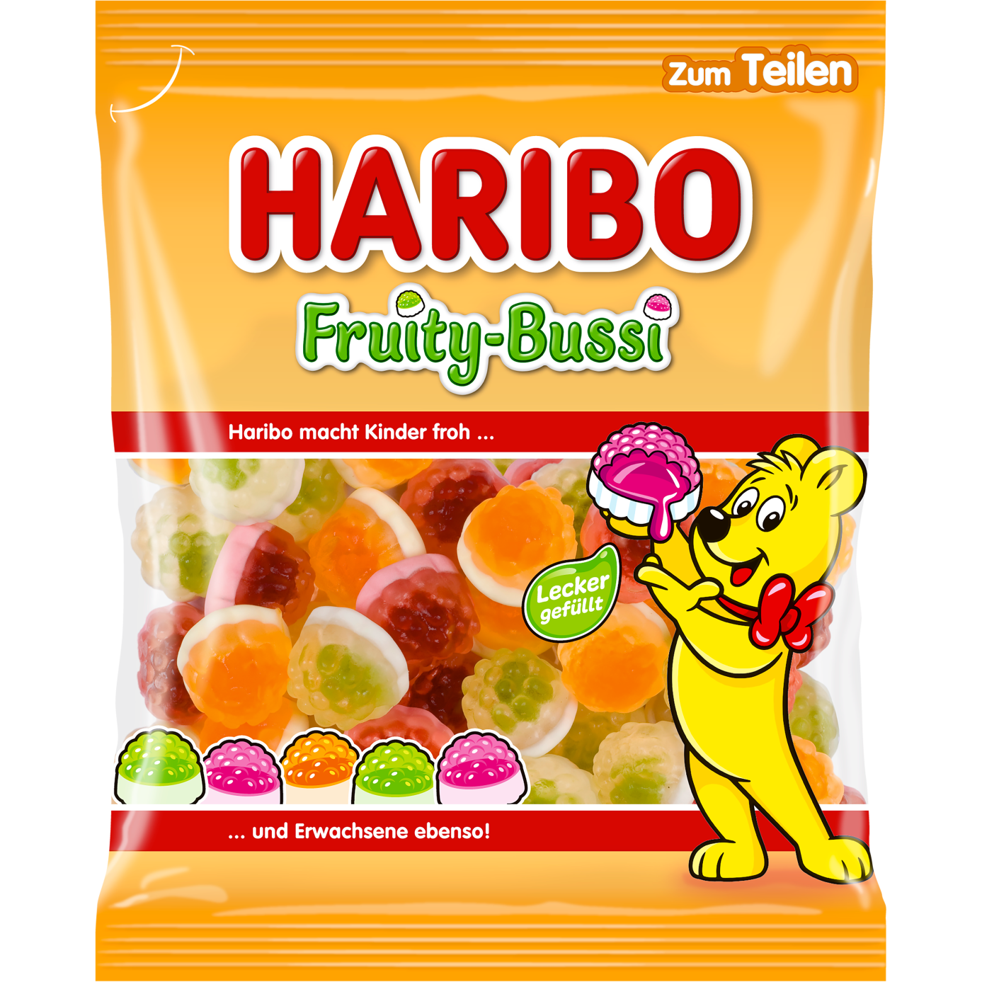 Colorful Haribo Fruity Bussi confectionery snacks with vibrant fruit-flavored gummy candies in various shapes and colors.