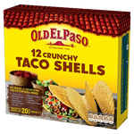 Old El Paso taco shells in a grocery store display, crispy corn taco shells ready for filling and serving