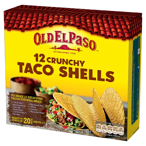 Old El Paso taco shells in a grocery store display, crispy corn taco shells ready for filling and serving