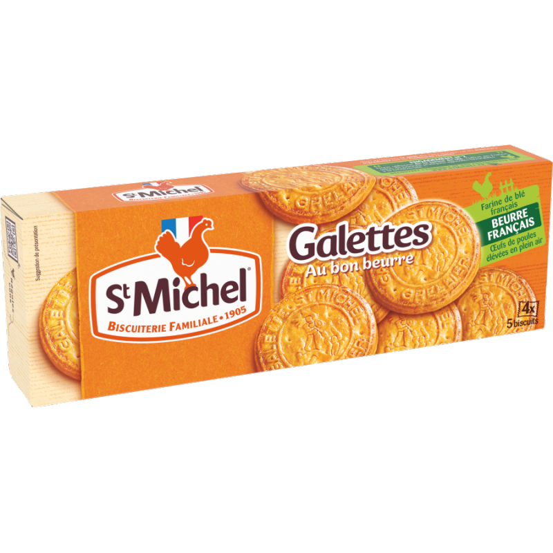 St Michel Thin Butter Cookie, Confectionery Snack, showing a close-up of crisp, golden-brown butter cookies stacked together.