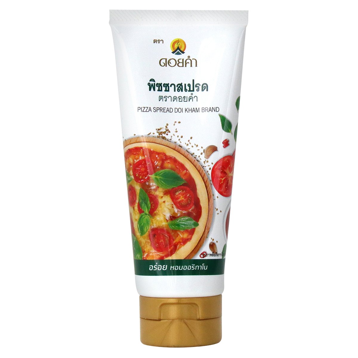 Doikham Pizza Spread jar showing creamy, tomato-based pizza topping with Doikham branding on the label.