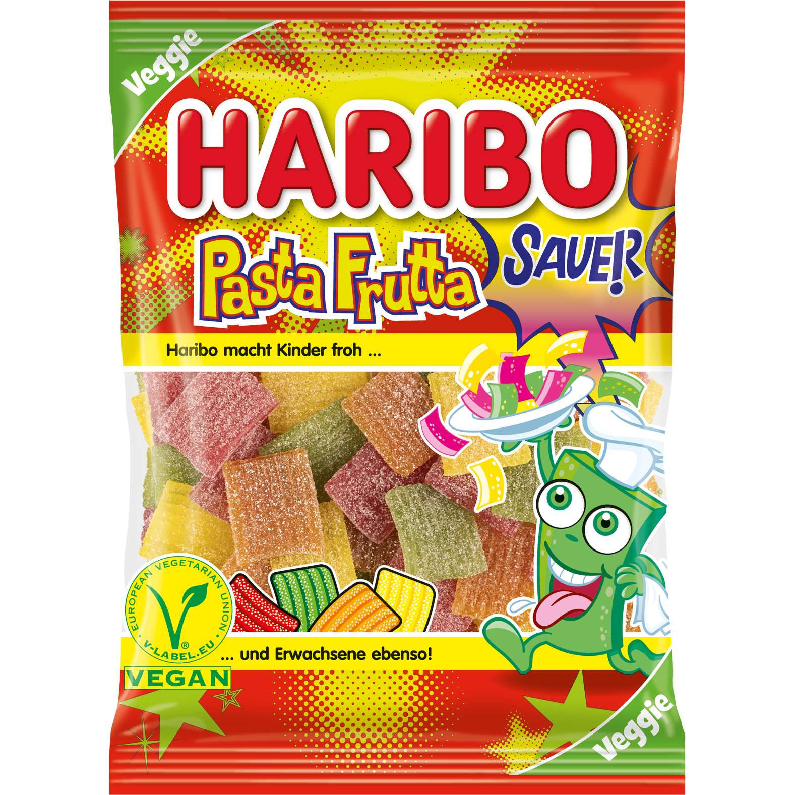 Haribo Pasta-Frutta Jelly confectionery snacks with colorful fruit-flavored gummy pasta pieces on a white surface.