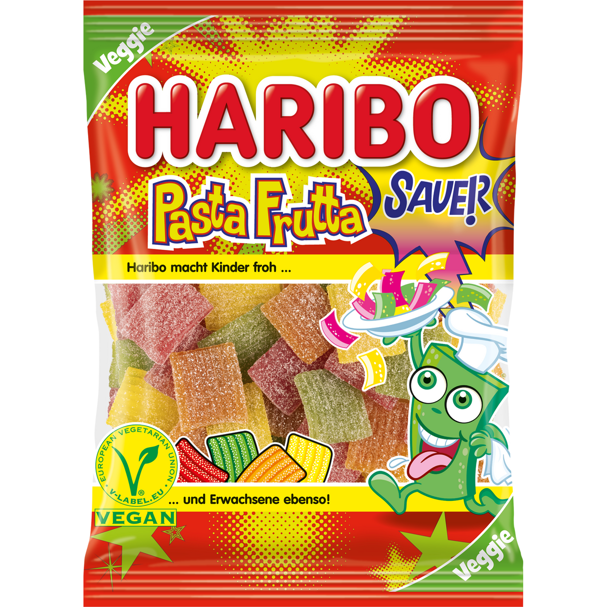 Haribo Pasta-Frutta Jelly confectionery snacks with colorful fruit-flavored gummy pasta pieces on a white surface.