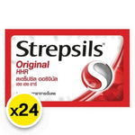 Box of Strepsils Original Throat Lozenges by STREPSILS, featuring 8 tablets per pack, in a 24-pack of dry grocery snacks.