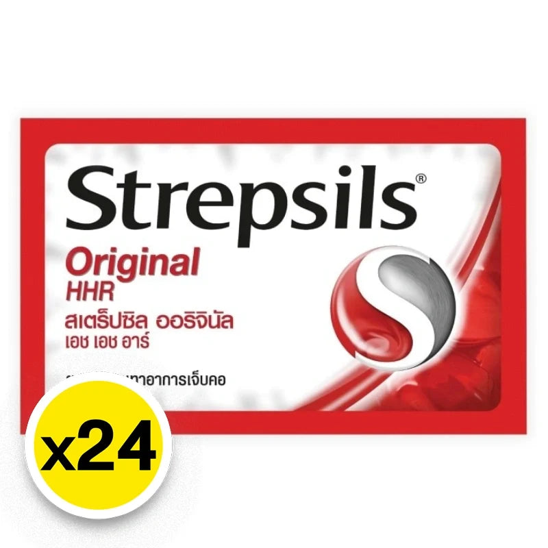 Box of Strepsils Original Throat Lozenges by STREPSILS, featuring 8 tablets per pack, in a 24-pack of dry grocery snacks.