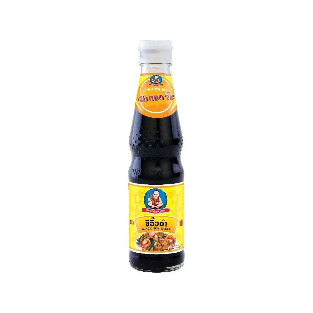 Deksomboon Black Soy Sauce 400g bottle, traditional Asian condiment, dark soy sauce for cooking and flavoring dishes.