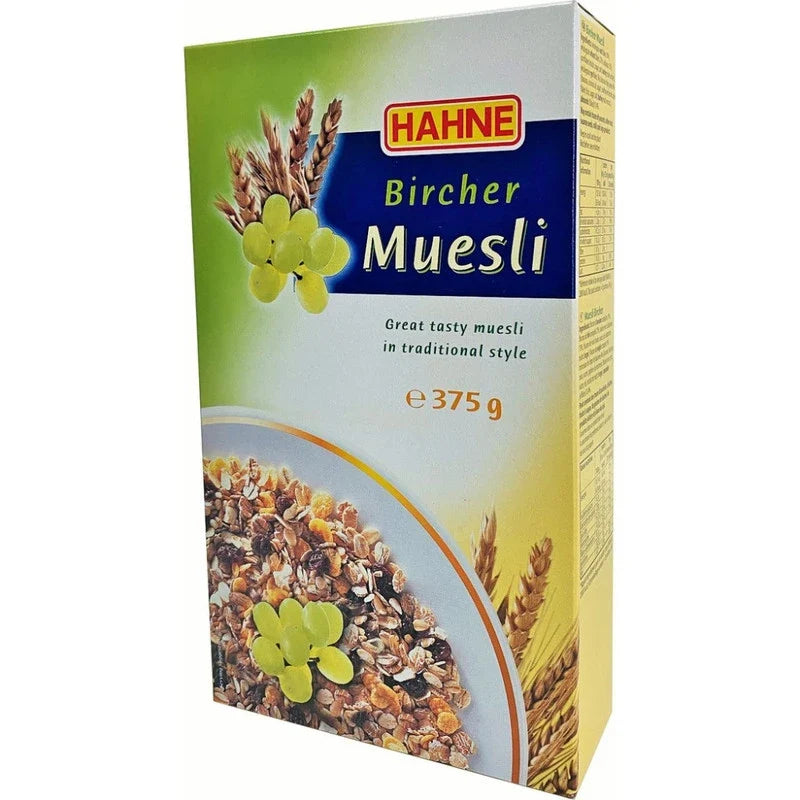 Hahne Bircher Muesli 375g in a clear plastic container, showing the wholesome dried oats and fruit mixture for breakfast.
