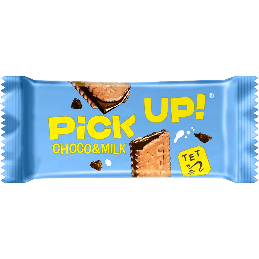 Bahlsen Pick Up Choco & Milk confectionery snacks with chocolate and milk filling in a close-up image.