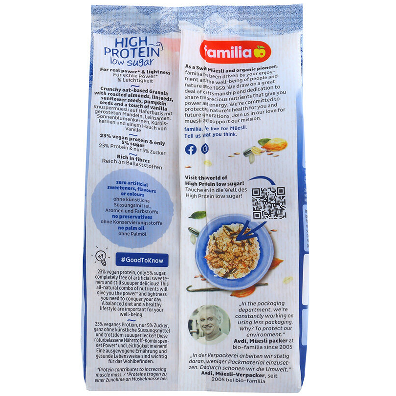 Familia high protein and low sugar almond package, grocery product with almonds in a resealable bag.