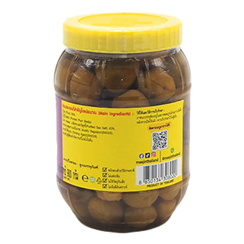 MAE JIN Plum Pickle in 900g jar, dry grocery item with vibrant plum slices and spices, ready for culinary use.