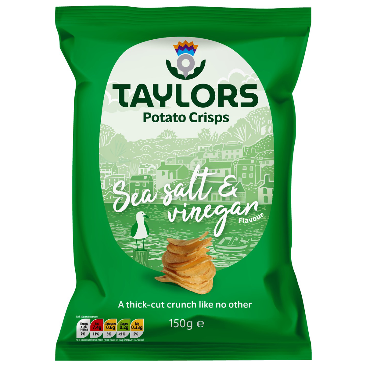 Taylors Sea Salt & Vinegar Flavour Potato Crisps in a colorful bag, showcasing crispy potato chips with sea salt and vinegar flavor.