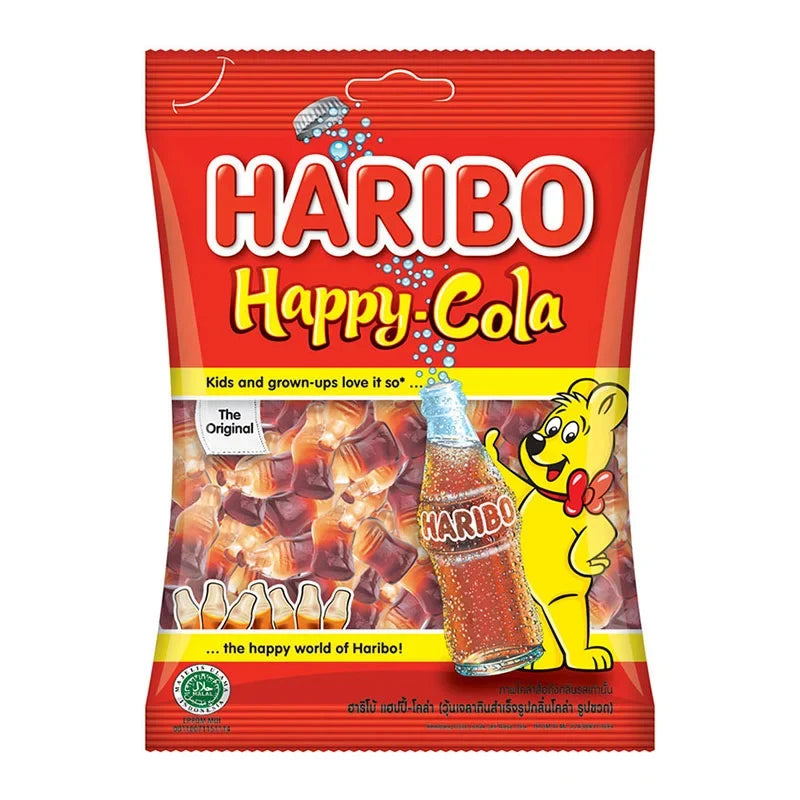 Haribo Gummy Happy Cola candies in 80g package, colorful cola-flavored gummy snacks from the HARIBO brand.
